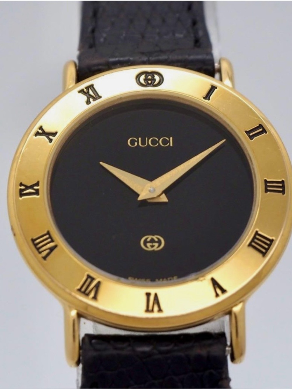 GUCCI 3000L quartz Black Leather Gold-Tone Dress Watch
